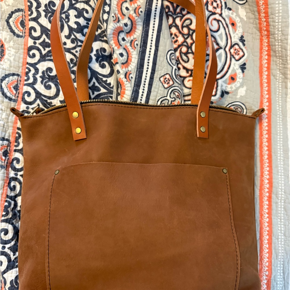Portland Leather Medium Cocoa Zipper Tote with Tandles